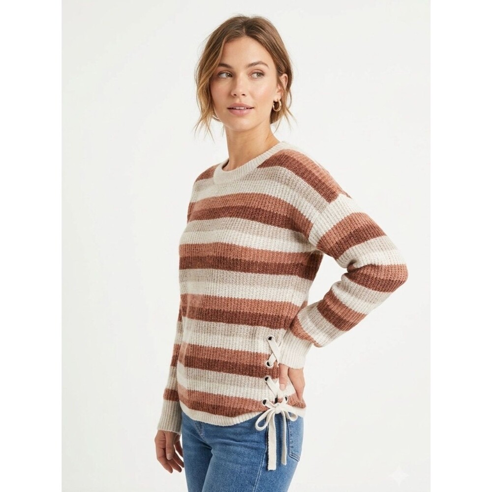 Pink Republic Striped Lace-Up Knit Sweater in Ivy Copper Size Medium